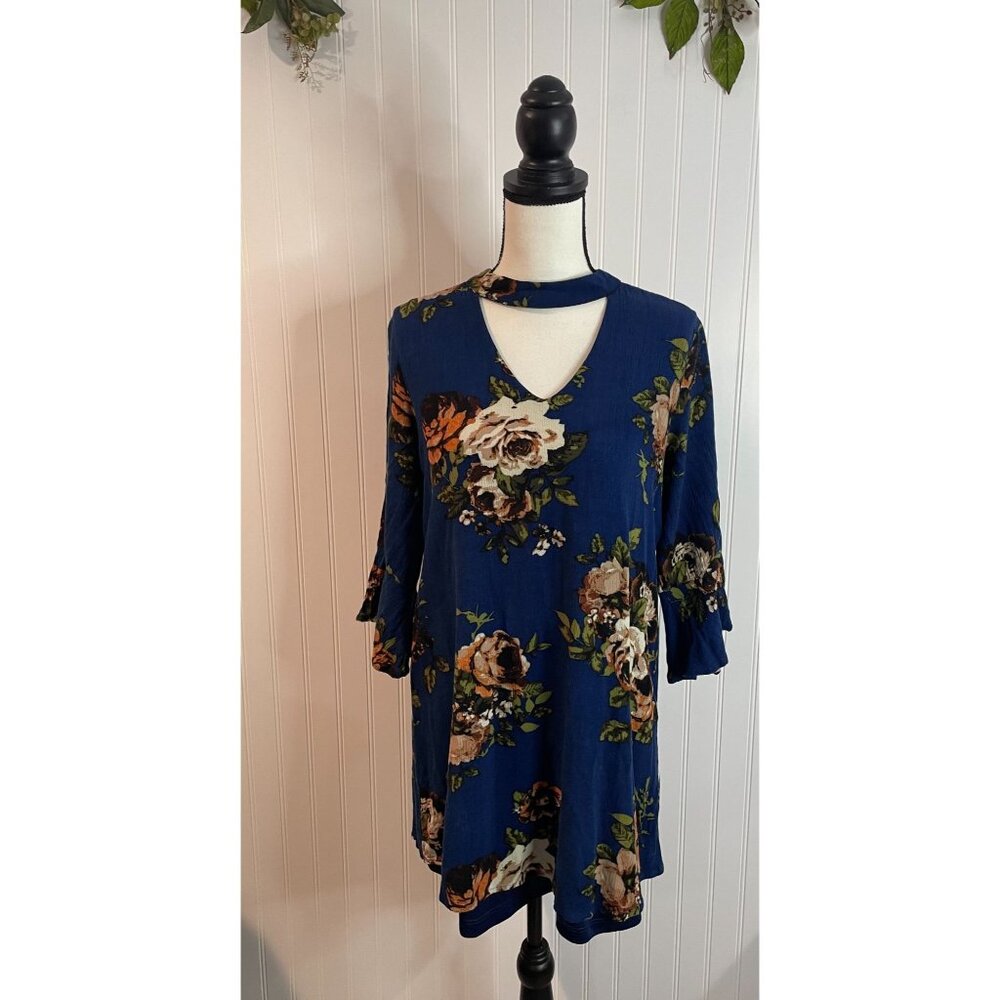 Atlantic State Floral Cutout Neckline Tunic Dress With Ruffle Sleeves Size S